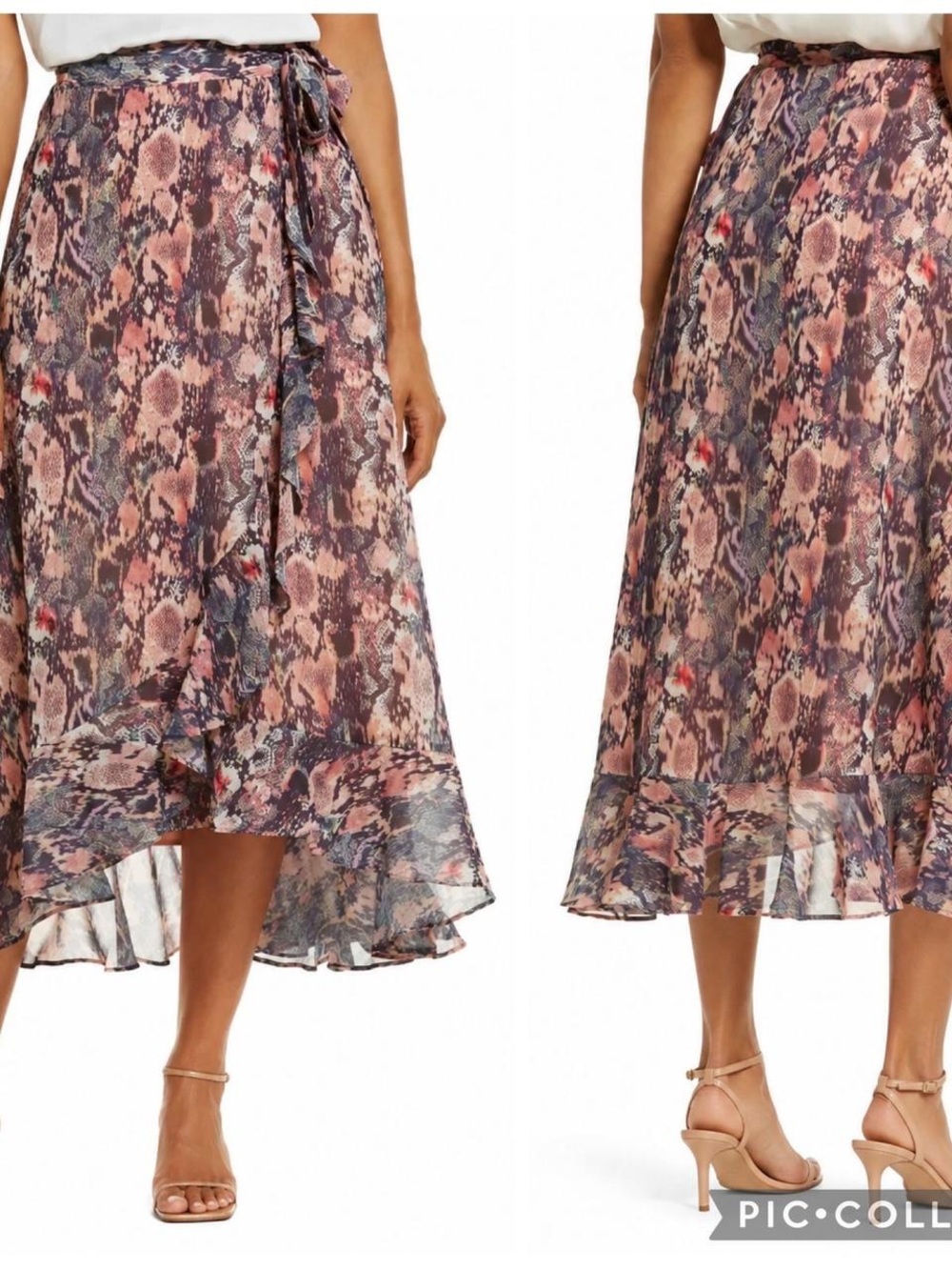 AllSaints Pink Mauve Snake-Print High-Low Wrap Skirt